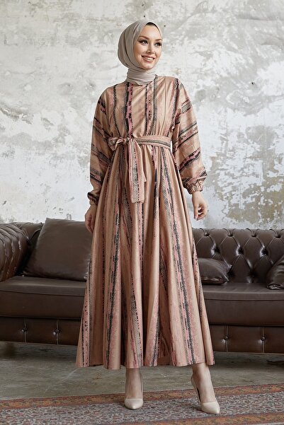 InStyle Elvira Patterned Mevlana Sleeve Hijab Dress - Powder