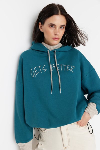 Trendyol Collection Petrolův tlustý fleece uvnitř pletený pás Detailní pletená mikina s kapucí TWOAW22SW1806