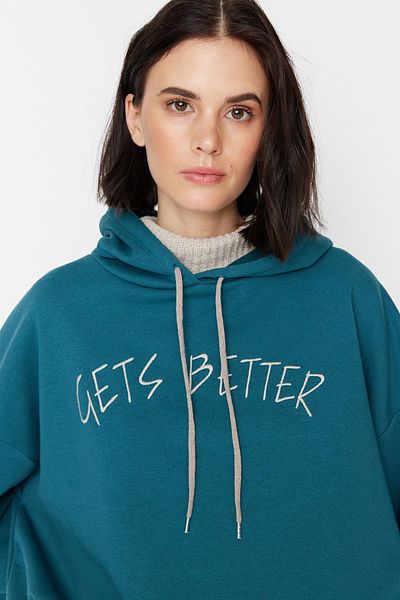 Trendyol Collection Petrolův tlustý fleece uvnitř pletený pás Detailní pletená mikina s kapucí TWOAW22SW1806