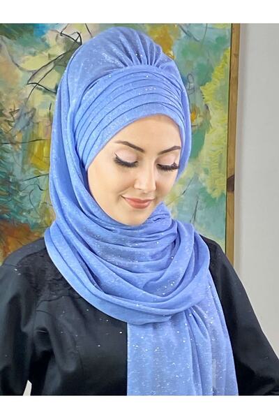 BUTİKAMBAR Simli Mavi Abiye Tesettür Şal