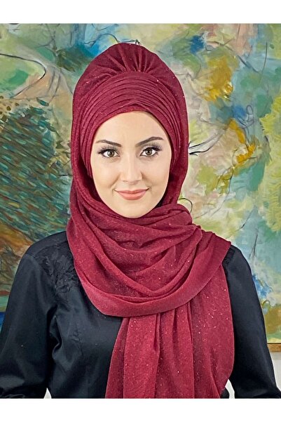 BUTİKAMBAR Simli Bordo Abiye Tesettür Şal