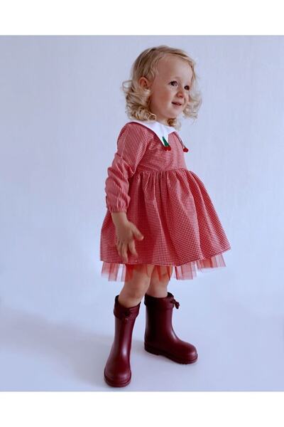 Le Petite Sole Kız Bebek Kırmızı Kirazlı Pötikare Elbise