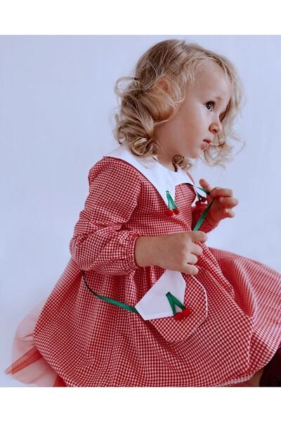 Le Petite Sole Kız Bebek Kırmızı Kirazlı Pötikare Elbise