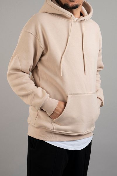 bombe Men's Beige Hooded Basic Sweatshirt