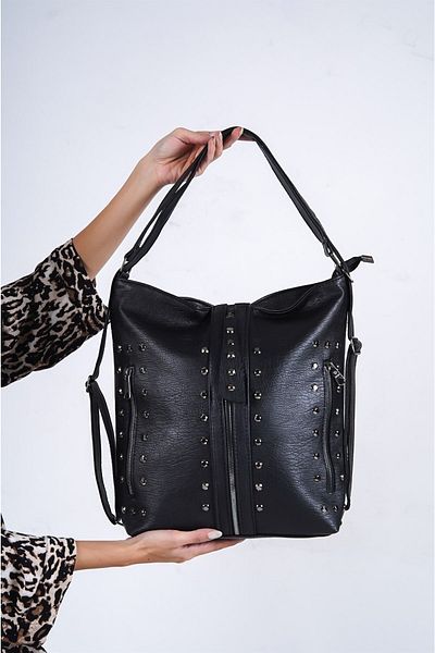 Solo Bag Umăr și rucsac negru din piele moale spălată, cu detalii cu capse