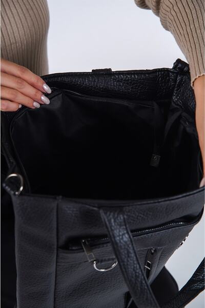 Solo Bag Geantă de umăr neagră cu fermoar din piele spălată moale, cu mai mul...