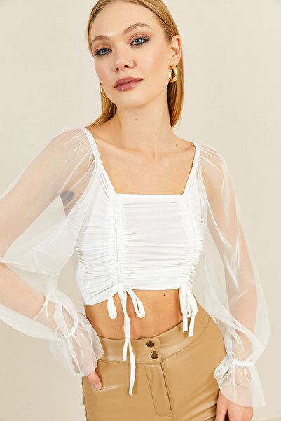 XHAN Γυναικεία λεπτή μπλούζα με βολάν και τούλι 3KZK2-13136-01