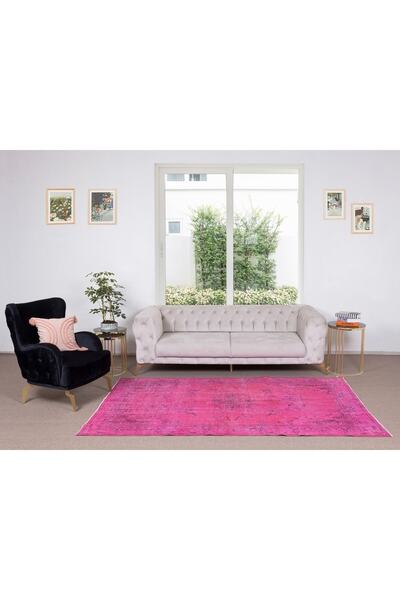 Tekin 162x264 Cm Pembe Renkli Yünlü Halı, Modern El Dokuması Yeniden Boyanmış...