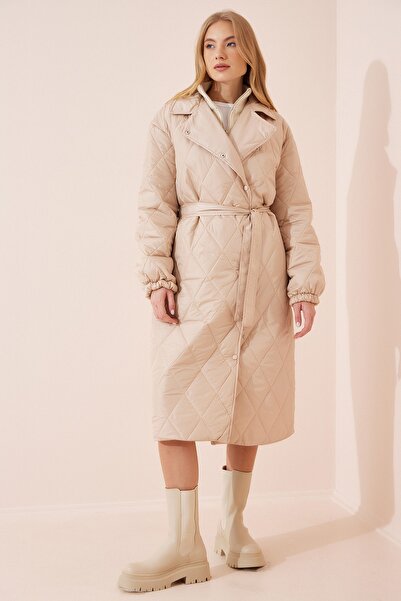 Happiness İstanbul Dámský tmavý krémový rolák oversize prošívaný kabát FN02992