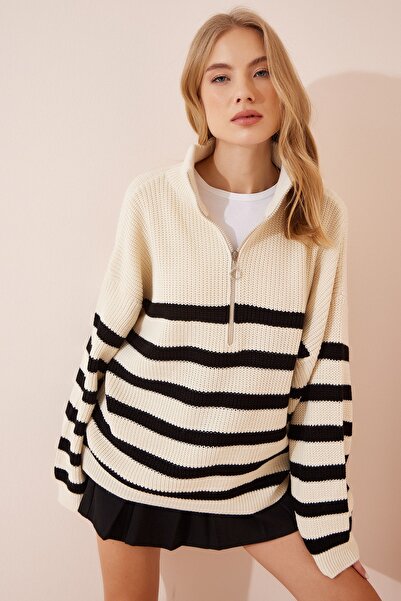 Happiness İstanbul Dámský kostěný stojáček na zip s pruhovaným oversize svetrem YY00100