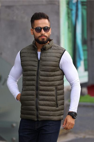 Factor Men's Khaki Puffer Vest Collar Leather Detailed F91015