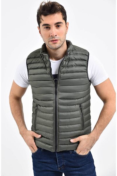 Factor Men's Khaki Puffer Vest Collar Leather Detailed F91015