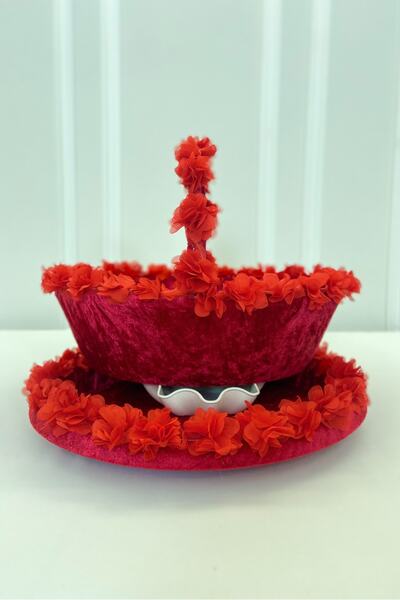 ZEYMERADE Kırmızı Gelin Kına Gecesi Tepsi Ve Sepeti, Düğün, Sünnet, Nişan, Kadife Üç Boyutlu Lazer Çiçekli