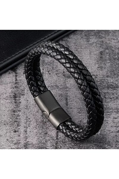 REGGENTE سوار من الجلد الأسود المضفر مكون من صفين