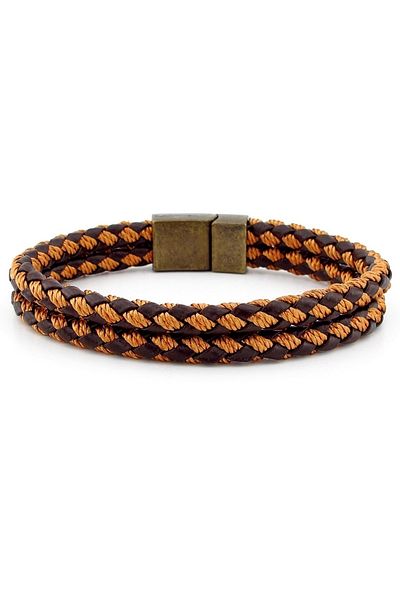 Solfera Bronze Magnet Two Rows Brown Tan Braid Leather Men's Bracelet M030f