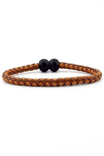 Solfera Black Ball Metal Clip Tan Braid Leather Men's Bracelet M034e