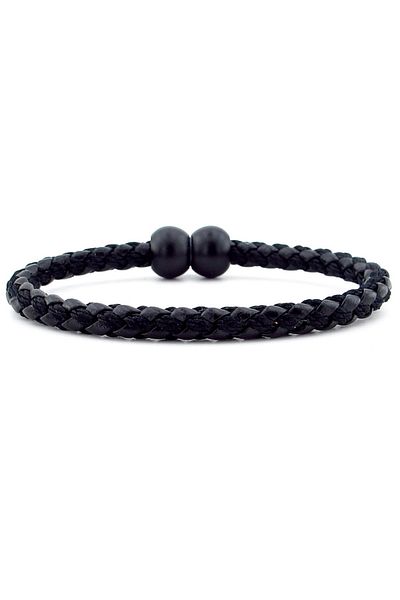 Solfera Black Ball Metal Clip Black Braid Leather Men's Bracelet M034a