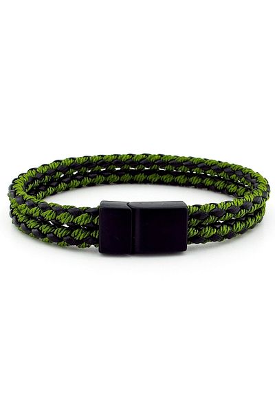 Solfera Black Metal Magnet 2 Row Green Braid Leather Men's Bracelet M032b