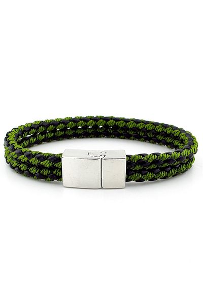Solfera Silver Color Magnet Two Rows Green Braid Leather Men's Bracelet M031b