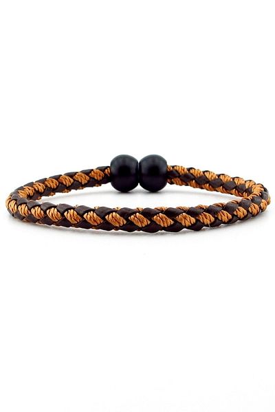 Solfera Black Top Metal Brown Tan Braid Leather Men's Bracelet M034f