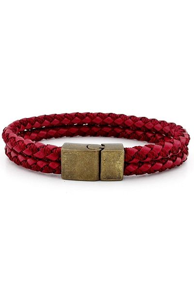 Solfera Bronze Magnet Double Row Claret Red Knitted Leather Men's Bracelet M030d