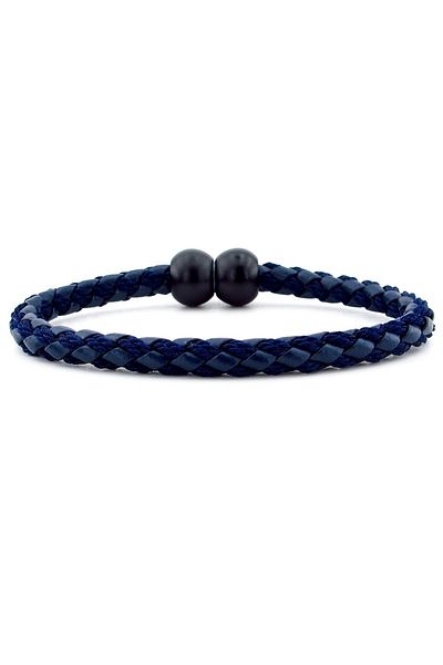 Solfera Black Top Metal Clip Navy Blue Braid Leather Men's Bracelet M034c