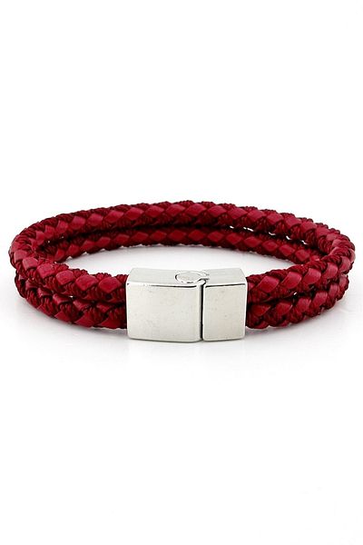Solfera Silver Color Magnet Two Rows Claret Red Knitted Leather Men's Bracelet M031d