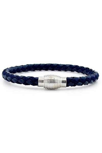 Solfera Oval Metal Clip Navy Blue Braid Leather Men's Bracelet M033c