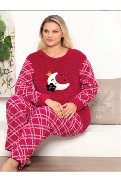Pyjama Familya Women's Moon Patterned Plus Size Fleece Pajama Set