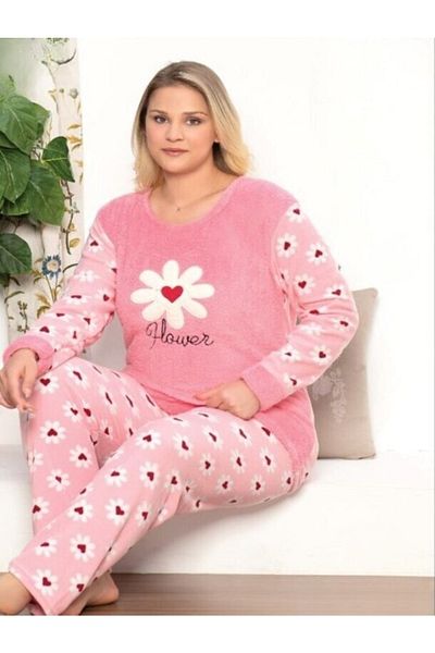 Pyjama Familya Women's Daisy Patterned Plus Size Fleece Pajama Set