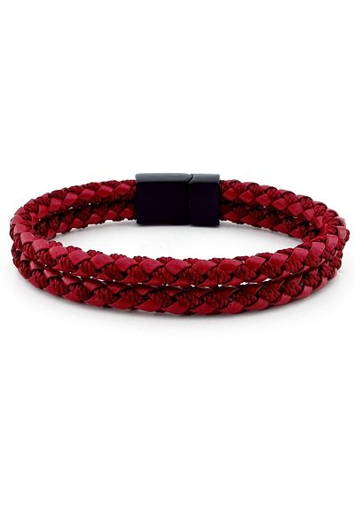 Solfera Black Metal Magnet Two Rows Claret Red Braid Leather Men's Bracelet M032d