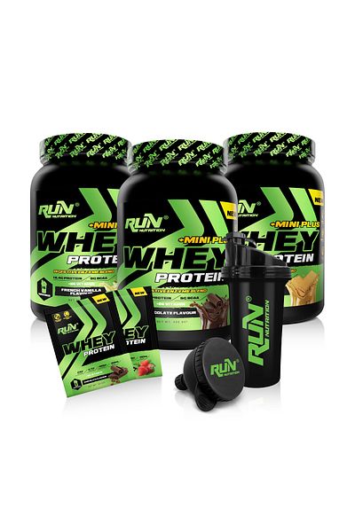 Run Nutrition Whey Protein Mini Plus Triple Pack Biscuit, Chocolate, French Vanilla - 4 Gifts