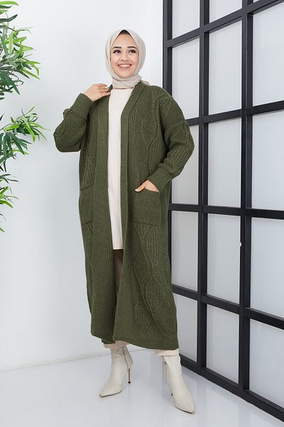 Pamuk Butik Γυναικεία Ζακέτα Πλεκτή Χακί με μοτίβο τσέπης