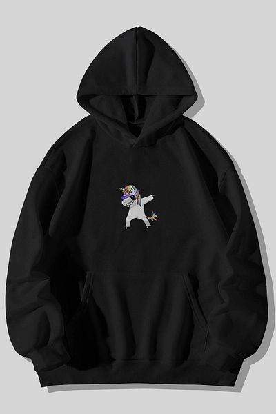 Harmandar Dabbing Unicorn Printed Unisex Black Kangaroo Hooded Hanorac cu buzunare