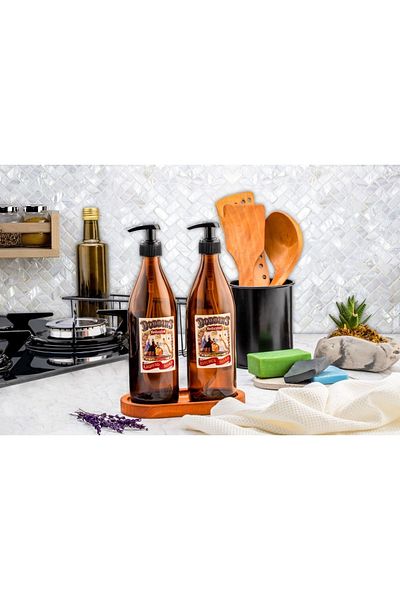 Comprox Amber Glass 2-Piece Liquid Soap Dispenser with Stand - Dish Detergent, 500ml Oval Wood