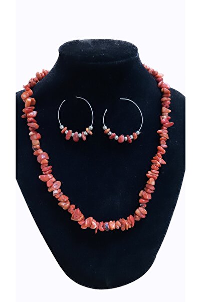 Doğaltaş Coral Necklace and Earrings Set
