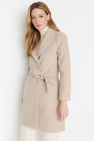 Trendyol Collection Steinfarbener Wollmantel mit Gürtel und Stempelmuster TWOAW22KB0097