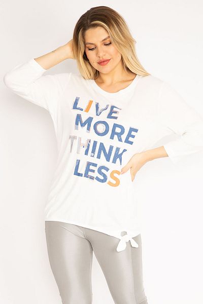Şans Women's Large Size Bone Front Stone and Printed Long Sleeve Blouse with Side Tie Detail 65n35350