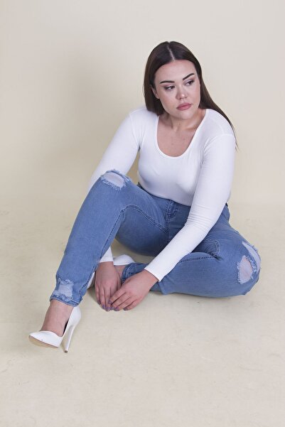 Şans Pantaloni skinny din denim lycra cu detaliu, albastru, mărime mare, 65n35338