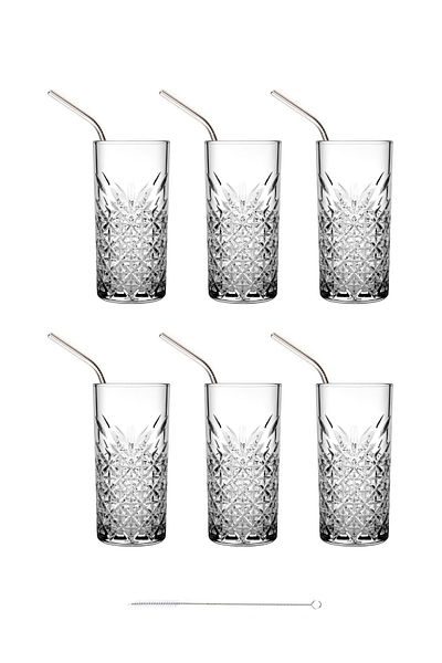 Paşabahçe Timeless 13 Piece Soft Drink Glass Set (Glass + Metal Straw + Cleaning Brush)