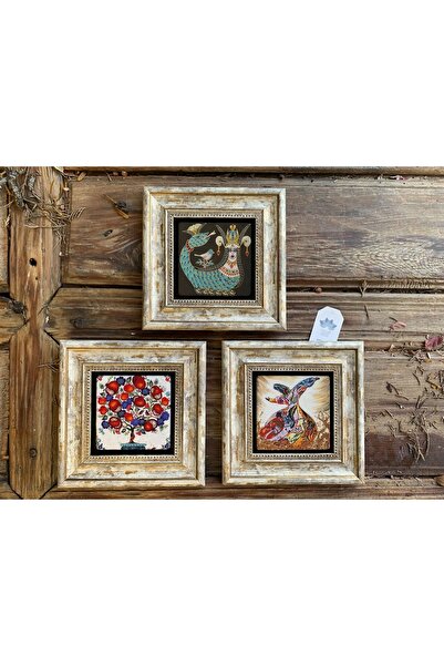 Oscar Stone Decor Çerçeveli Taş Duvar Dekoru Tablo 3'lü Set 20x20cm Nar Ağacı Semzen Şahmeran