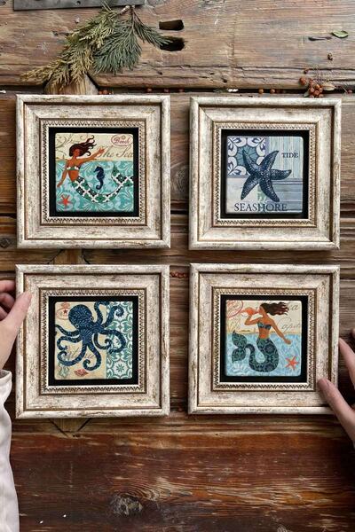 Framed Stone Table Wall Decor 20x20cm 4-Piece Set Seashore Set