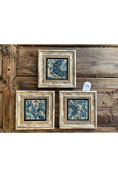 Oscar Stone Decor Çerçeveli Taş Tablo 20x20 Cm 3 Lü Set Blue Floral Pattern M...