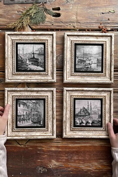 Oscar Stone Decor Çerçeveli Taş Tablo Duvar Dekoru 20x20cm 4'lü Set Karakalem...