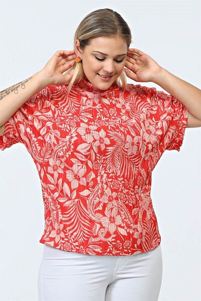 Seamoda Plus Size Women's Comfortable Stand Collar Flower Pattern Detailed Pleated Blouse-orange