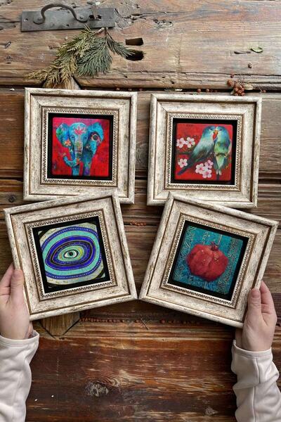 Oscar Stone Decor Çerçeveli Taş Tablo 20x20cm 4'lü Set(1488-1230-1100-480)fil...