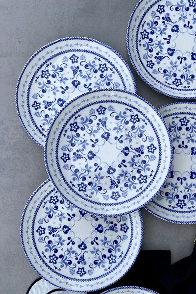 porselenden Blue Blanc 25 Cm Set of 6 Blue Classic Porcelain Serving Plates for 6 Persons