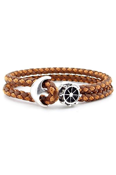 Solfera Anchor Rudder Sailor Sailor Tan Braid Leather Men's Bracelet M034e
