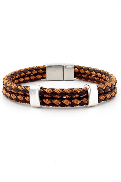 Solfera Metal Clip Two Rows Brown Tan Braid Leather Men's Bracelet M039f