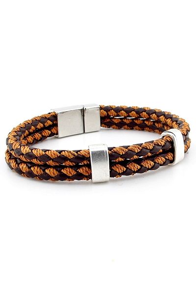 Solfera Metal Clip Two Rows Brown Tan Braid Leather Men's Bracelet M039f